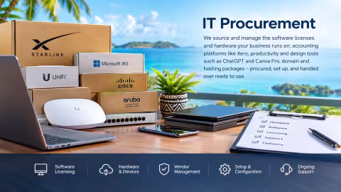 Procurement — Starlink, UniFi, Microsoft 365, Cisco, and Aruba hardware and software sourced and set up